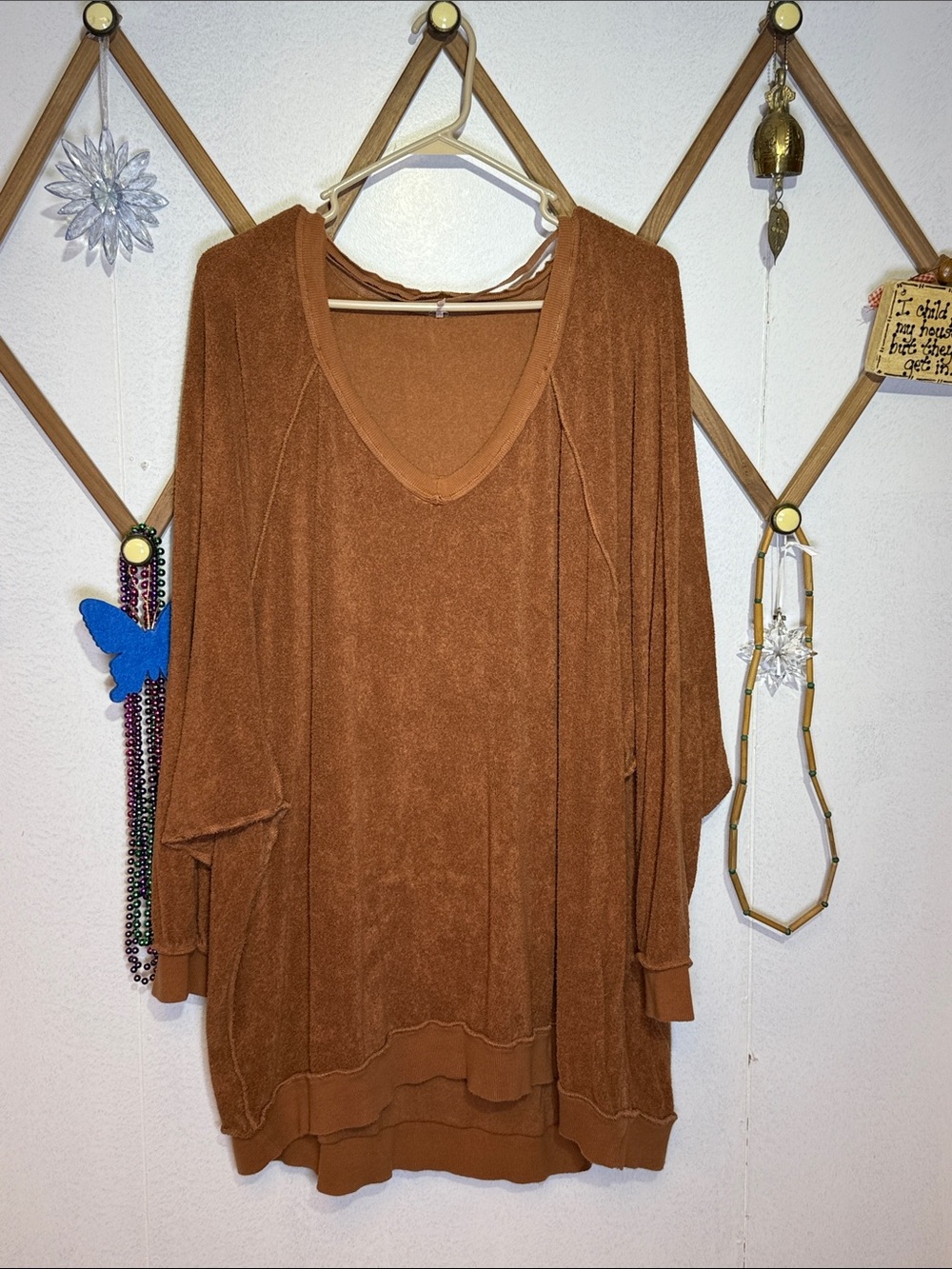 Free People Oversized Rust V-Neck Pullover Sweatshirt